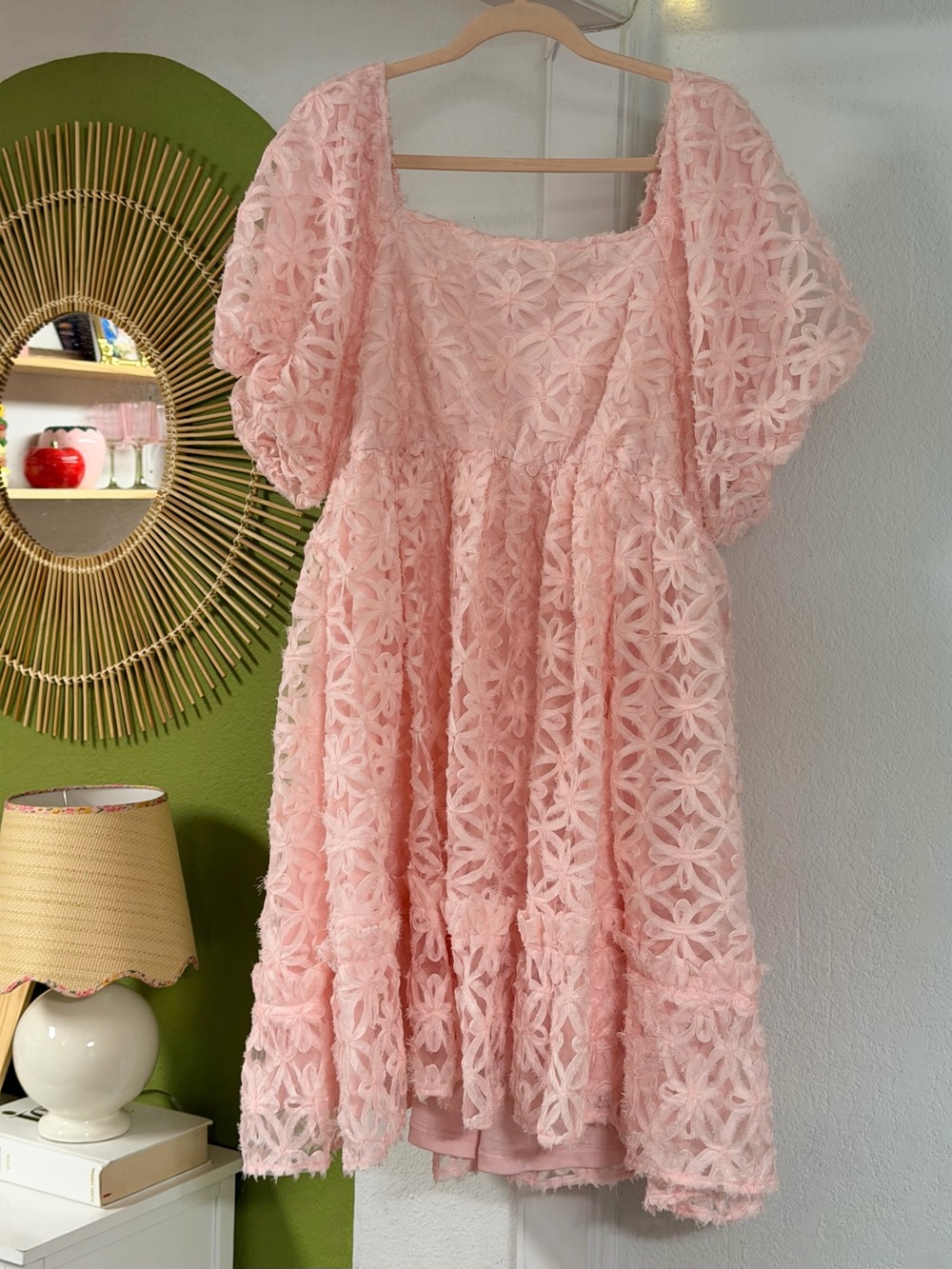 baby pink/blush floral 3D lace puff sleeve dress